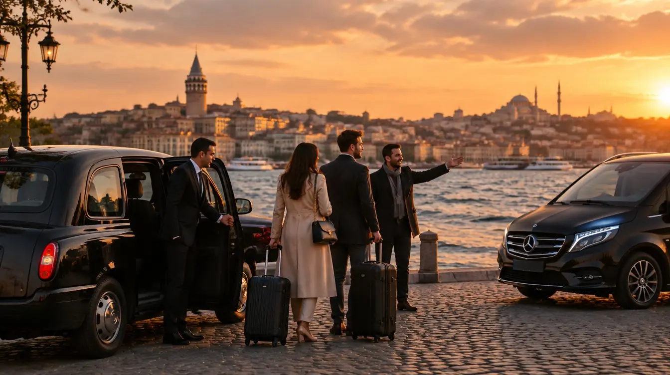B Travel şoförü London Taxi kapısını misafirlere açıyor, Boğaz ve Galata manzarası