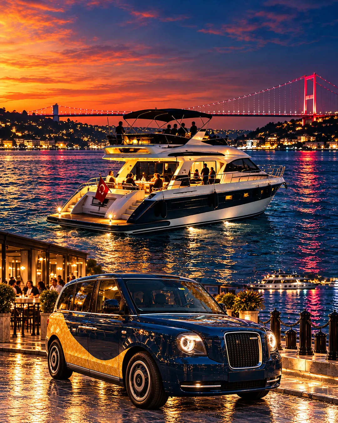 Gün batımında Boğaz'da özel yat ve London Taxi